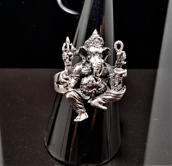 Ganesh 925 Sterling Silver Elephant Ring Great Ganesha 4 Hands Blessing Lord of Success Wealth Wisdom Om Aum Ganapati Talisman Amulet Good Luck Ohm Symbol