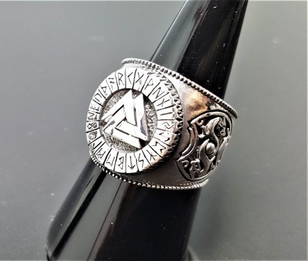 925 Sterling Silver Valknut Ring Sacred Runes Viking Norse Interlocked Triangles Dragon Spiritual Talisman Amulet