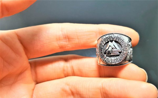 925 Sterling Silver Valknut Ring Sacred Runes Viking Norse Interlocked Triangles Dragon Spiritual Talisman Amulet