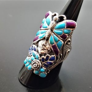 925 Sterling Silver Ring Floral Motive Butterfly Nymph Elf Fairy Divine Creature Natural Turquoise Lapis Lazuli Purple Howlite
