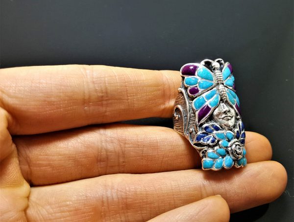 925 Sterling Silver Ring Floral Motive Butterfly Nymph Elf Fairy Divine Creature Natural Turquoise Lapis Lazuli Purple Howlite