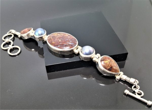 STERLINGS SILVER 925 Genuine Pietersite Bracelet Mobe Pearl Natural Pietersite Gemstone 7.5 inches Adjustable