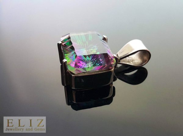 Sterling Silver 925 Mystic Quartz Pendant Mysterious HUGE Octogon Shape Natural Gemstone Pendant Talisman Amulet