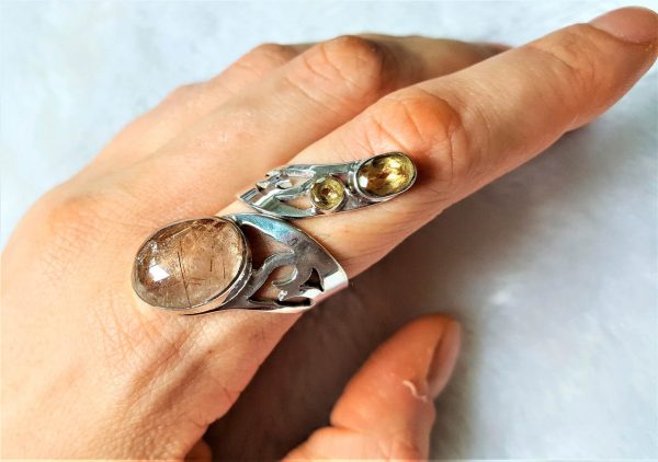 Genuine Golden Rutile Quartz and Citrine 925 Sterling Silver Unique Adjustable Ring Venus Hair Crystal of Wealth