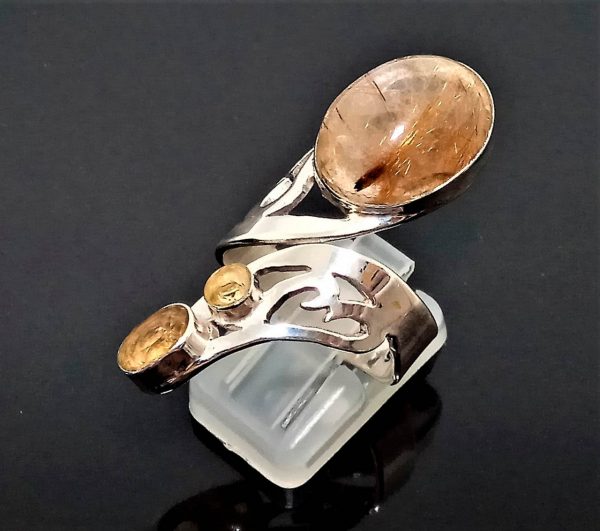 Genuine Golden Rutile Quartz and Citrine 925 Sterling Silver Unique Adjustable Ring Venus Hair Crystal of Wealth