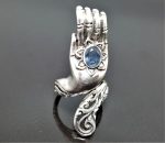 STERLING SILVER 925 Hamsa Ring Genuine Sapphire Gemstone Hand of Fatima Evil Eye Talisman Blessing Amulet Unique Design
