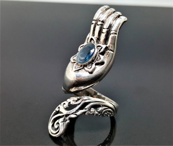STERLING SILVER 925 Hamsa Ring Genuine Sapphire Gemstone Hand of Fatima Evil Eye Talisman Blessing Amulet Unique Design