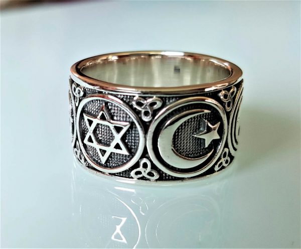 Sterling Silver .925 Ring Sacred Symbols Yin Yang Crecent Moon David's Star Buddhist Wheel of Life Ohm Aum Christian Cross Co Exist ELIZ