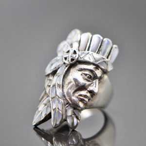 Eliz 925 Sterling Silver Natural Mother of Pearl American Indian Profile Ring Handmade Exclusive Design