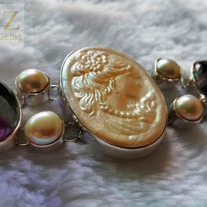 STERLING SILVER 925 Bracelet Beauty Cameo Mother of Pearl & Genuine Fluorite Gemstone Vintage 8 inches Adjustable