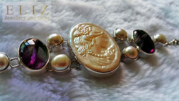 STERLING SILVER 925 Bracelet Beauty Cameo Mother of Pearl & Genuine Fluorite Gemstone Vintage 8 inches Adjustable