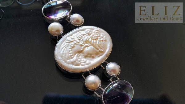 STERLING SILVER 925 Bracelet Beauty Cameo Mother of Pearl & Genuine Fluorite Gemstone Vintage 8 inches Adjustable