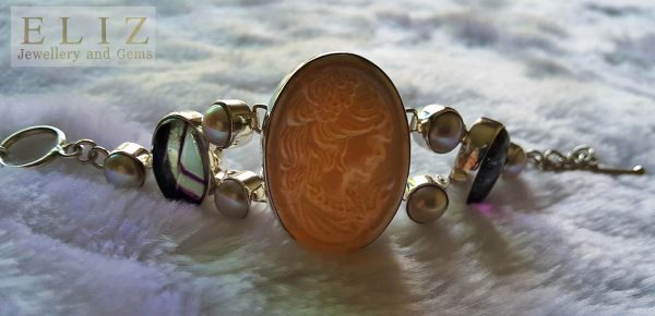 STERLING SILVER 925 Bracelet Beauty Cameo Mother of Pearl & Genuine Fluorite Gemstone Vintage 8 inches Adjustable