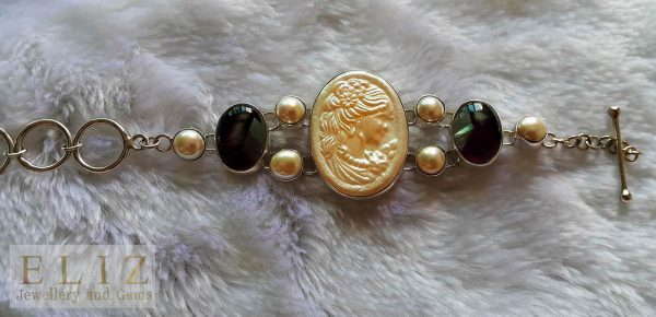 STERLING SILVER 925 Bracelet Beauty Cameo Mother of Pearl & Genuine Fluorite Gemstone Vintage 8 inches Adjustable