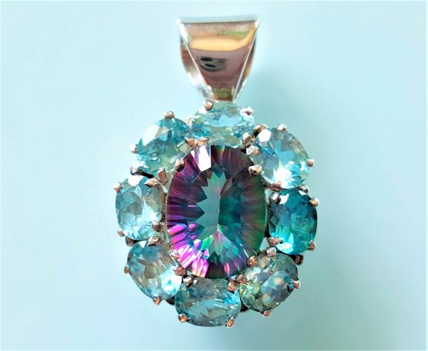Flower Sterling Silver 925 Pendant Genuine Blue Topaz & Mystic Quartz Mysterious Flower Pendant Natural Gemstone Talisman Amulet