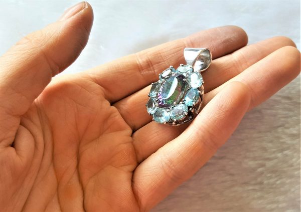 Flower Sterling Silver 925 Pendant Genuine Blue Topaz & Mystic Quartz Mysterious Flower Pendant Natural Gemstone Talisman Amulet