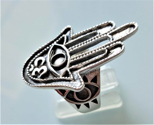 Hand of Hamsa 925 Sterling Silver Ring Ohm Aum All Seeing Eye Hamsa Hand Talisman Amulet Sacred Symbol