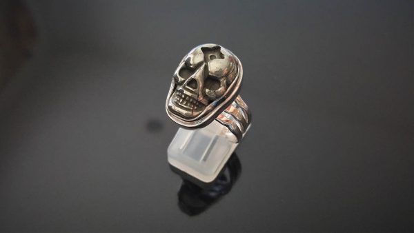 Skull Ring STERLING SILVER 925 Genuine Pyrite Carved Skull Punk Rock Goth Natural Gemstone Adjustable