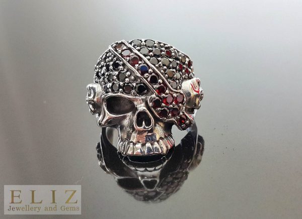 Skull Ring 925 Sterling Silver Pirate Black&Red Cubic Zirconia Iced Eye Stripes Skull Pirate Punk Goth Biker Rocker Exclusive Design