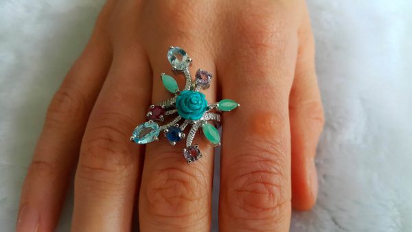 Sterling Silver 925 Ring Natural Turquoise Rose Blue Topaz Emerald Sapphire Ruby Amethyst GENUINE GEMSTONES SZ 8.5 Unique Design