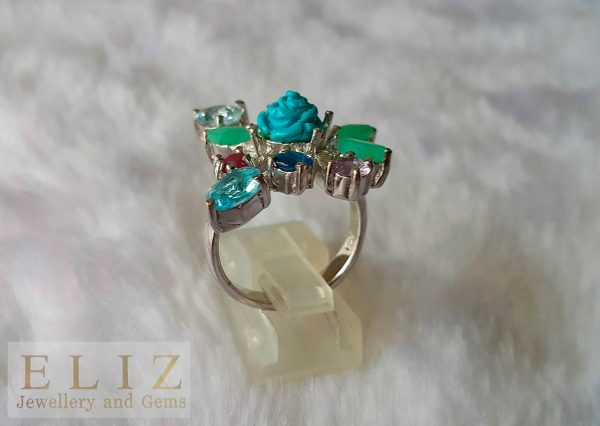 Sterling Silver 925 Ring Natural Turquoise Rose Blue Topaz Emerald Sapphire Ruby Amethyst GENUINE GEMSTONES SZ 8.5 Unique Design