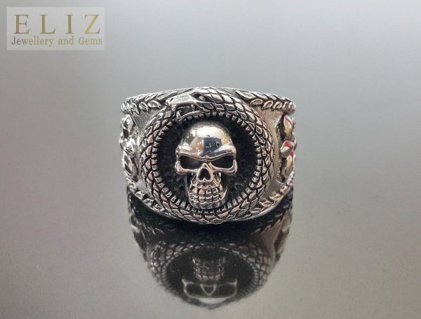 Ouroboros Skull Ring Sterling Silver 925 Fleur de Lis Snake eats its tail Exclusive design Signet Ring