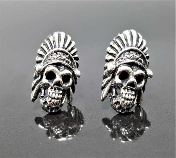 Skull STERLING SILVER 925 Stud Earrings Tribal Chief Biker Rocker Goth Punk Earrings Silver Gift
