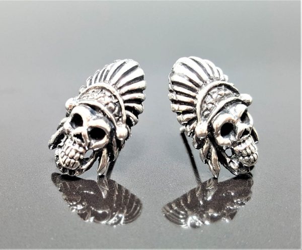 Skull STERLING SILVER 925 Stud Earrings Tribal Chief Biker Rocker Goth Punk Earrings Silver Gift