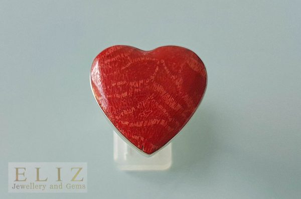 Sterling Silver 925 Natural Red Coral Heart/Love Ring Size 7 ADJUSTABLE