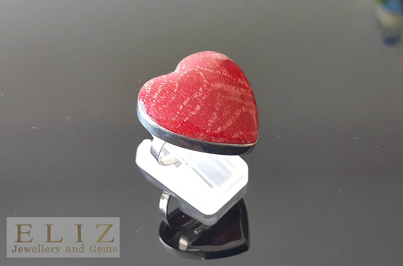 Sterling Silver 925 Natural Red Coral Heart/Love Ring Size 7 ADJUSTABLE