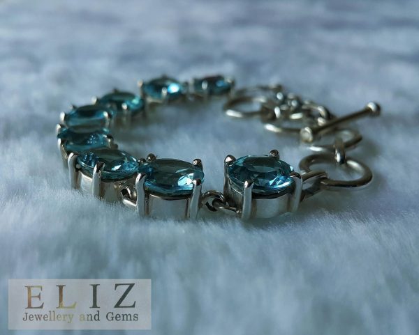 Sterling Silver 925 Genuine Sky Blue TOPAZ Bracelet Natural Gemstones Adjustable 7-8 inches Precious Gemstones