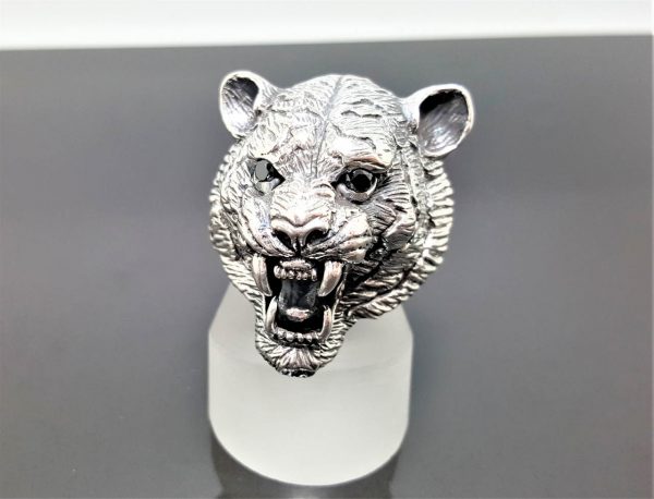 Tiger STERLING SILVER 925 Ring Saber-Toothed Tiger Fangs Black Onyx Eyes Big Cat Large Heavy 33 grams