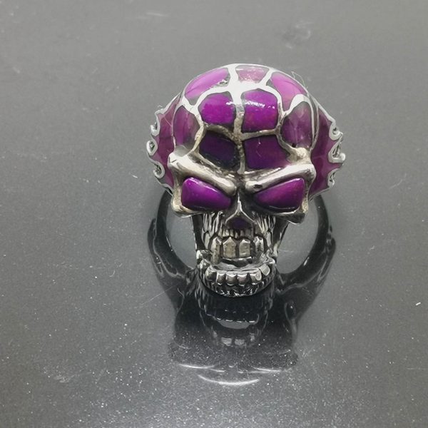 925 Sterling Silver Fire Skull Purple Howlite Skull Ring