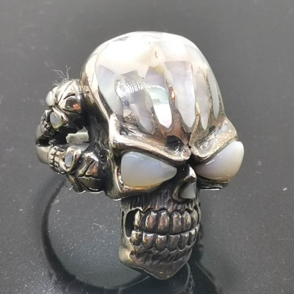Skull 925 Sterling Silver Ring Skull Mother of Pearl Inlay Biker Rocker Goth Punk
