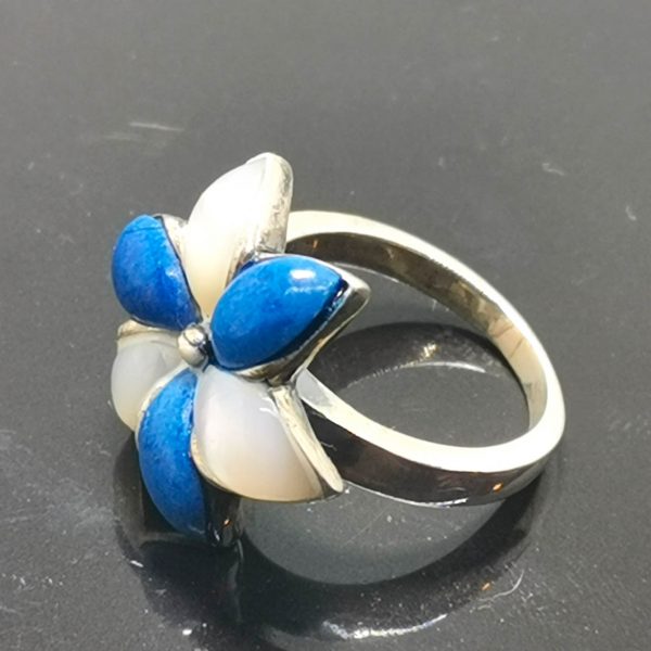 925 Sterling Silver Flower Lapis Lazuli Mother of Pearl Inlay Ring