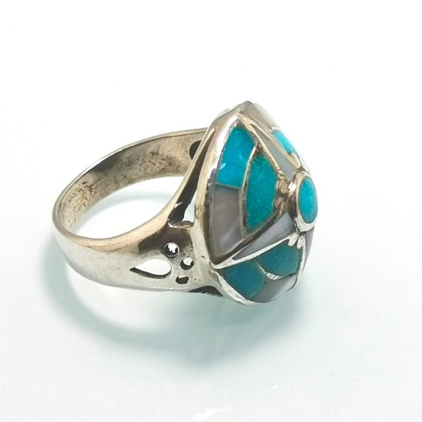 Eliz. 925 Sterling Silver North Star Turquoise / Mother of Pearl Ring