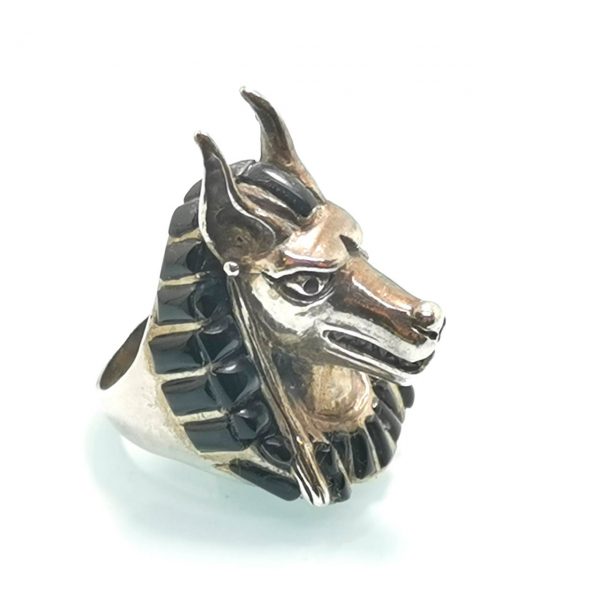 Anubis Sterling Silver 925 Ring Anubis God of Egypt Jackal Head Natural Onyx Ring