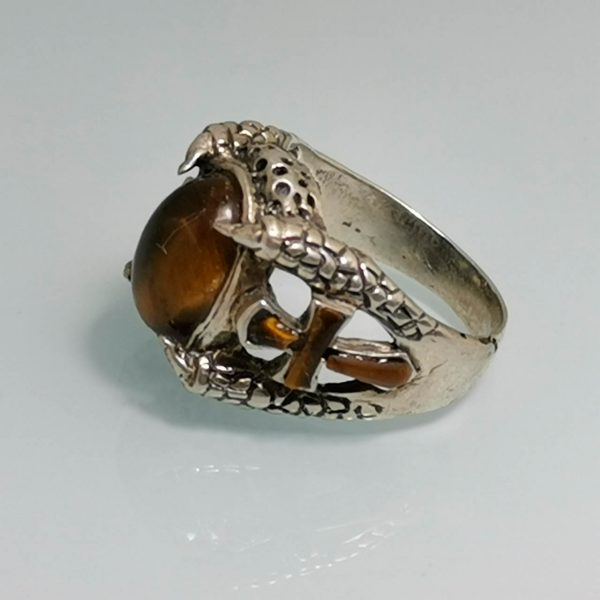 Eliz. 925 Sterling Silver Ankh Claw Tiger Eye ring