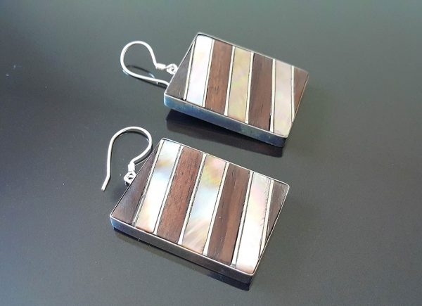 Sterling Silver 925 Earrings Mother of Pearl & Wood Exclusive Combination Unique design one of a kind