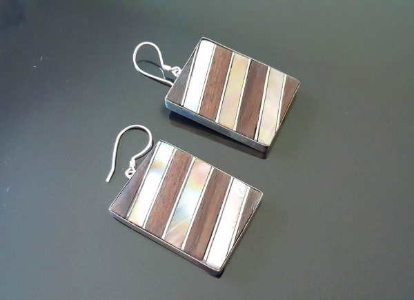 Sterling Silver 925 Earrings Mother of Pearl & Wood Exclusive Combination Unique design one of a kind