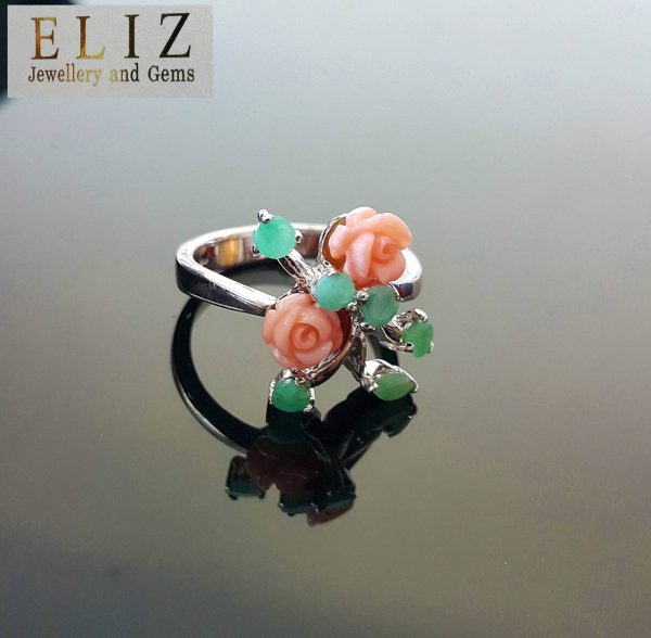 925 Sterling Silver Ring Genuine Precious Emerald & Coral Roses Bouquet SZ 6,8,9