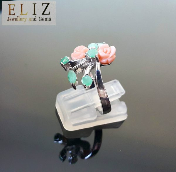 925 Sterling Silver Ring Genuine Precious Emerald & Coral Roses Bouquet SZ 6,8,9