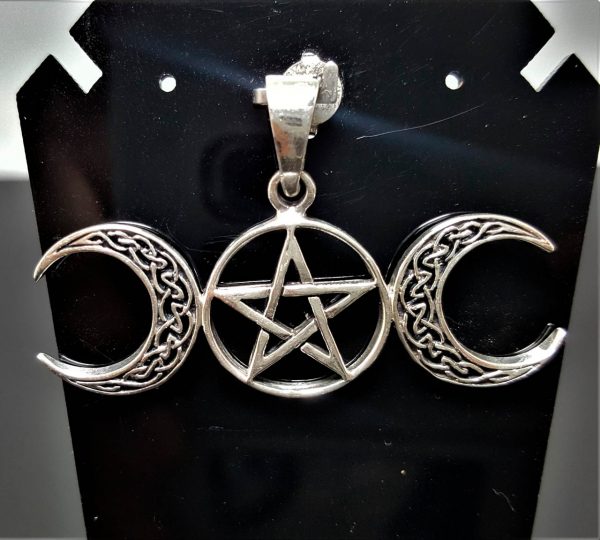 Triple Moon Goddess Sterling Silver 925 Pendant Pentagram Star Pagan Wicca Star Crescent Moon Celestial Occult Sacred Talisman Amulet