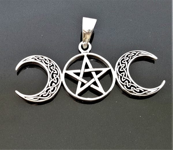 Triple Moon Goddess Sterling Silver 925 Pendant Pentagram Star Pagan Wicca Star Crescent Moon Celestial Occult Sacred Talisman Amulet
