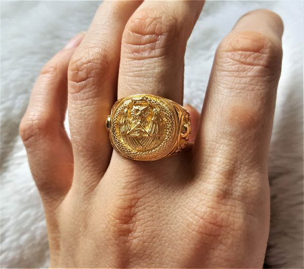 All Seeing Eye Pyramid STERLING SILVER 925 Ouroboros Ring OWL Skull and bones Snake Eating Tail Sacred Symbol Talisman 22K Gold Plated