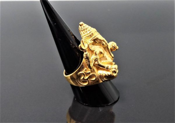 Ganesh 925 Sterling Silver Ring Great Ganesha 4 Hands 22 K Gold Plated Lord of Success Wealth Wisdom Ohm Good Luck Ohm Symbol Maruti Mouse