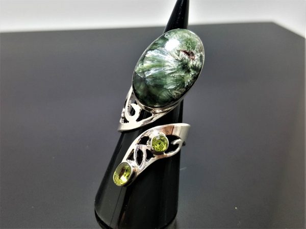 Rare Russian Seraphinite Peridot STERLING SILVER Ring Seraphim Angel Feather Exclusive Design One of a kind Adjustable Size