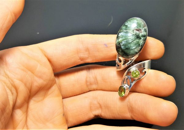 Rare Russian Seraphinite Peridot STERLING SILVER Ring Seraphim Angel Feather Exclusive Design One of a kind Adjustable Size