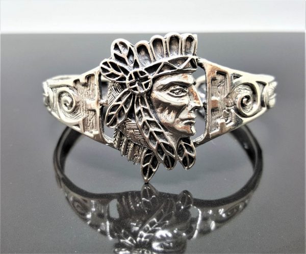 Native American Indian 925 Sterling Silver Bracelet Tribal Chief Profile Handmade Talisman Amulet