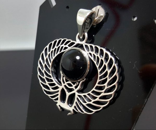 Scarab 925 Sterling Silver Pendant Black Onyx Eye Winged Scarab Egyptian Sacred Symbol Talisman Amulet Handmade